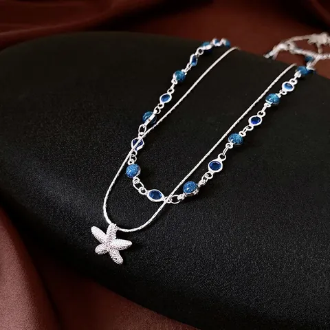 Collana A Doppio Strato Con Ciondolo A Stella Marina Rame Zircone Perle Blu Tema Oceano Gioielli