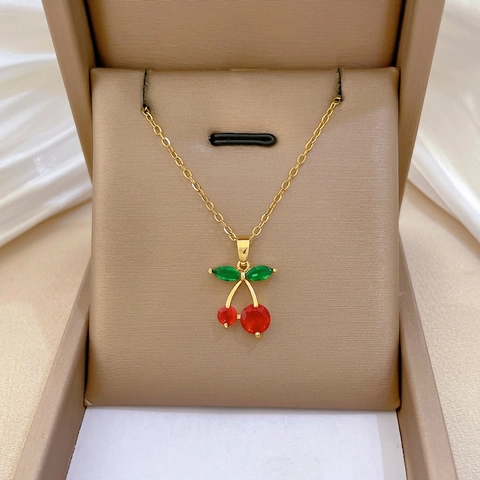 Cherry Pendant Necklace Stainless Steel Chain Copper Red Green Cubic Zirconia Sparkling Sweet Fashion For Women