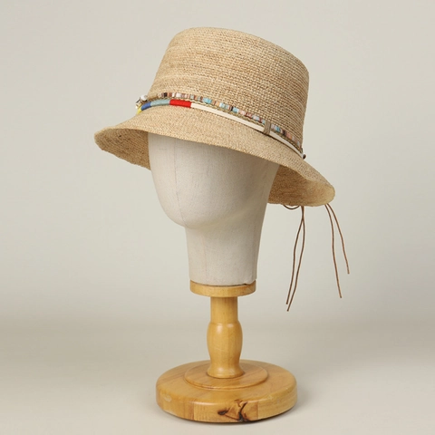 Women Raffia Straw Bucket Hat Handmade Crochet Wide Brim Sun Protection Ethnic Colorful Bead Shell Beach Vacation