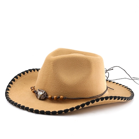 Western Cowboy Hat Polyester Felt Wide Brim With Bull Head Wood Beads Decor Retro Ethnic Outdoor Sun Protection Hat