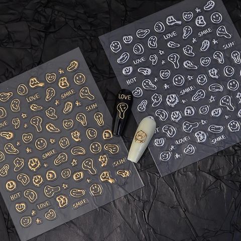 5D Relief Nail Art Stickers Embossed Metallic Gold Silver Melting Smile Face Letters Waterproof DIY Manicure Accessories
