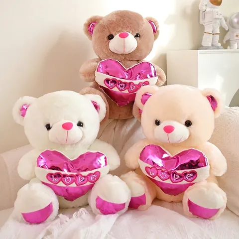 Soft Teddy Bear Plush Toy With Metallic Pink Heart Love Embroidery Decorative Stuffed Animal For Birthday Valentine Gift