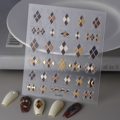 5D Embossed Nail Art Stickers Retro Argyle Geometric Pattern Gold Stamping Waterproof Self Adhesive Manicure Decals