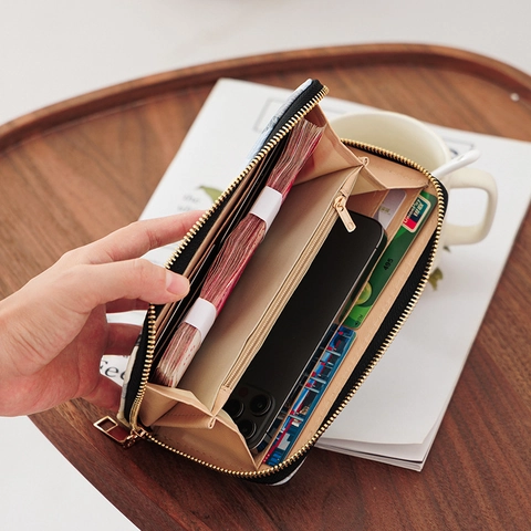 Women Long Zipper Wallet PU Leather Geometric Triangle Pattern Large Capacity Clutch Purse Phone Holder Fashionable