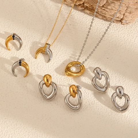 Set Gioielli in Acciaio Inossidabile per Donna Oro Argento Bicolore Collana con Perle Artificiali Orecchini Set Elegante