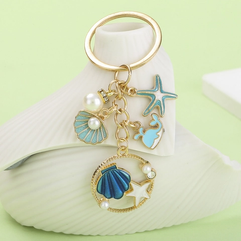 Ocean Theme Alloy Enamel Starfish Shell Mermaid Bag Charm Keychain With Faux Artificial Pearl Rhinestone Pendant For Women Girls Gift