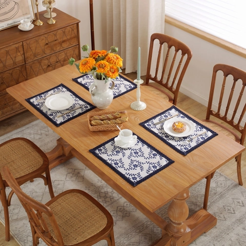 Vintage Blue Floral Placemats With Lace Border Heat Resistant Cotton Linen Table Mats For Dining Room Kitchen Home Decor