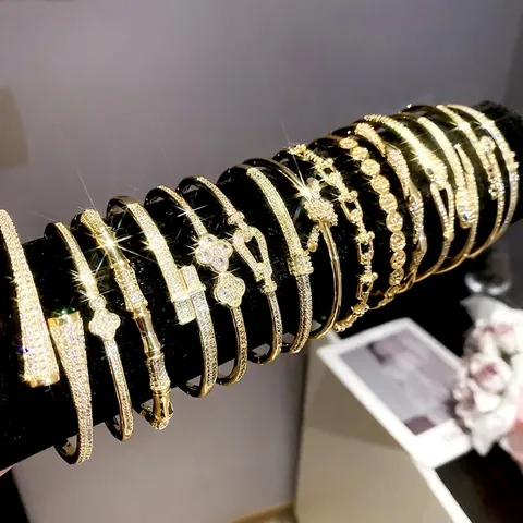 Fashion Bangle Bracelet 18K Gold Plated Copper Micro Paved Zircon Snake Clover Bamboo Knot Jewelry Gift For Women