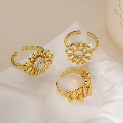 Sonnenblume Verstellbare Ringe Damen Kupfer 18K Vergoldet Zirkonia Offener Fingerschmuck Mode Geschenk
