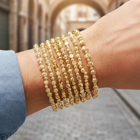 Gold Beaded Bracelet Stackable Copper Metal Elastic Geometric Fashion Jewelry For Women
