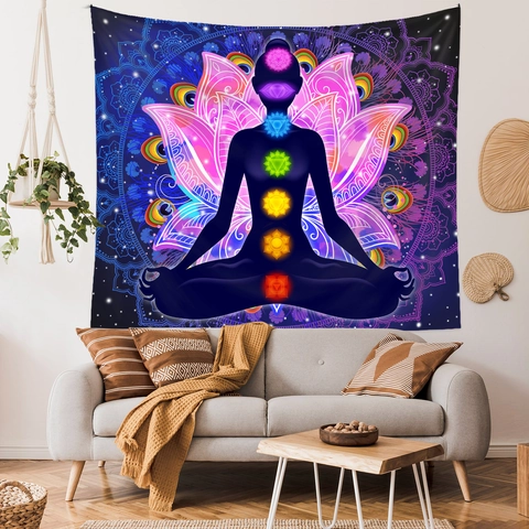Yoga Meditation Tapestry Seven Chakra Mandala Lotus Flower Wall Hanging Polyester Zen Home Decor Bohemian Backdrop