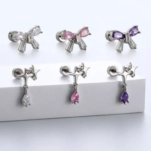 Butterfly Knot Cartilage Stud Earring Titanium Steel With Cubic Zirconia Star Teardrop Pendant Screw Back Piercing Jewelry