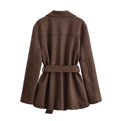 Trench da Donna alla Moda in Finto Camoscio con Collo a Giacca e Cintura Manica Lunga Marrone Caffè Giacca Casual