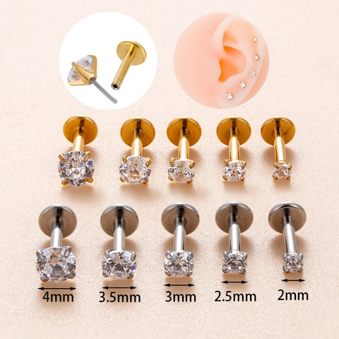 Roestvrijstalen Oorkraakbeen Piercing Sieraden Platte Achterkant Ronde Zirkoon Vier Klauwen Drukknop Minimalistische Labret