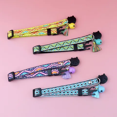 Adjustable Cat Collar With Bell And Tassel Ethnic Plaid Jacquard Polyester Safety Buckle For Kittens Small Dogs