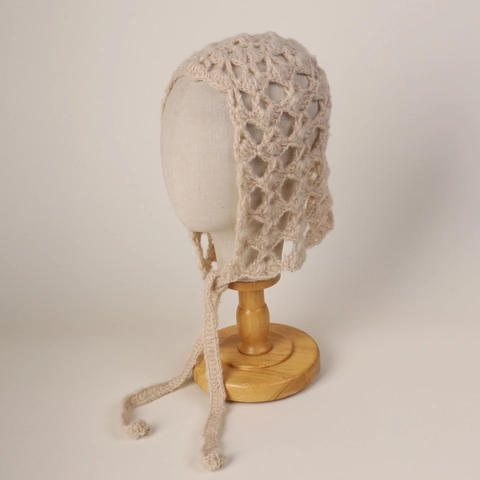 Crochet Mohair Beanie Hat For Women Hand-Knitted Fishnet Mesh Hollow Out Vintage Bonnet With Adjustable Ties