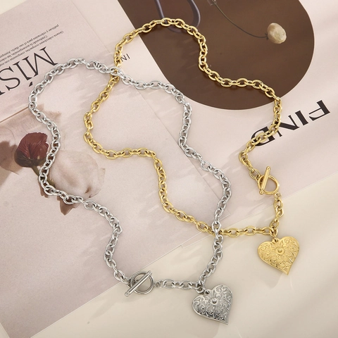 Retro Stainless Steel Heart Pendant Toggle Clasp Necklace And Bracelet Punk Hip Hop Fashion Jewelry For Women