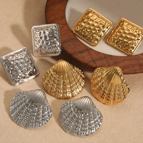 Hammerschlag Quadrat Und Muschel Ohrstecker 18K Vergoldet Edelstahl Geometrisch Strukturiert Wasserdicht Damen Schmuck