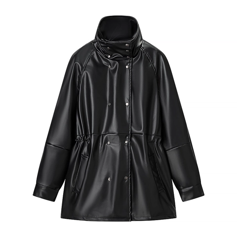 Faux Leather Jacket Women Stand Collar Drawstring Waist PU Outwear Streetwear Zip Up Casual Windbreaker Coat