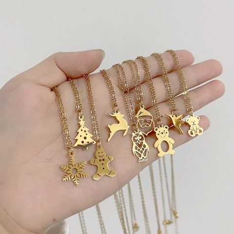 Collier Pendentif Noël Acier Inoxydable Plaqué Or 18K Père Noël Hibou Flocon De Neige Élan Bijoux De Fête Pour Femmes