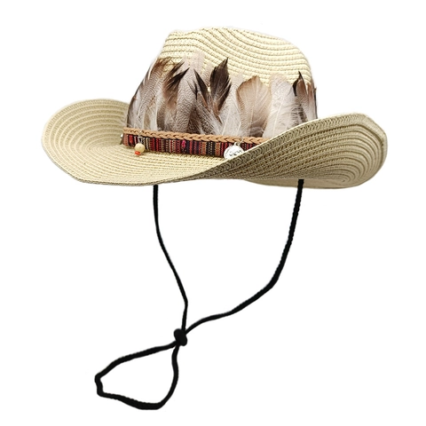 Western Cowboy Straw Hat Ethnic Style Feather Decor Wide Brim Sunshade Beach Outdoor Summer Travel With Adjustable Wind Rope