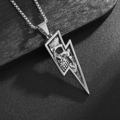 Collana Con Pendente A Fulmine E Teschio Retro Punk Acciaio Al Titanio Catena Box Gioielli Hip Hop Per Uomo