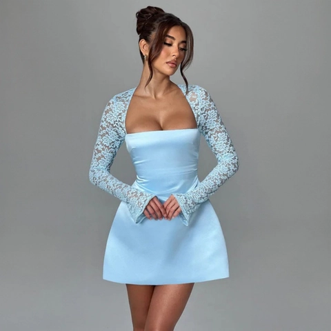Abito Mini In Raso Patchwork Scollo Quadrato Maniche Lunghe In Pizzo Schiena Scoperta Con Lacci Elegante Sexy Clubwear Donna