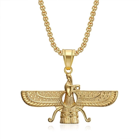 Faravahar Anhänger Halskette Titanstahl Vergoldet Persisches Zoroastrisches Symbol Hip Hop Schmuck