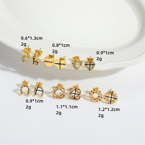Vintage Copper Colorful Zirconia Stud Earrings For Women Individual Gold Heart Rabbit Horseshoe Shaped Inlay Earring Jewelry