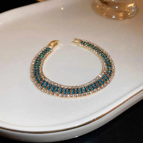 Bracciale Tennis Retro Light Luxury In Lega Dorata Con Strass Blu Bianchi Fibbia Geometrica Donna Moda Elegante