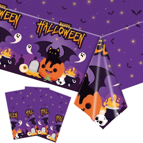 Halloween Party Geschirr Einweg Plastik Tischdecke Lila Schwarze Katze Kürbis Fledermaus Geist Horror Partybedarf