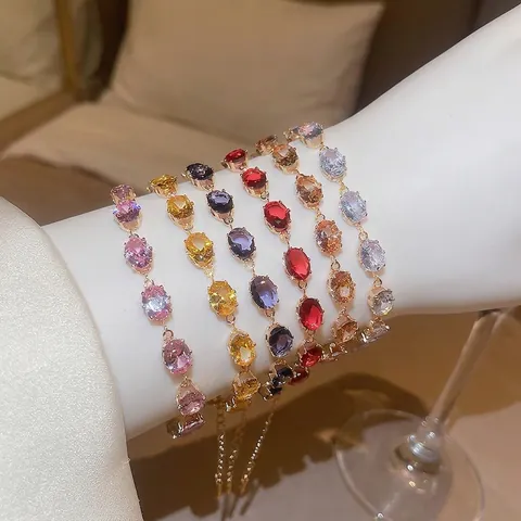 Bracelet En Cuivre Avec Zircone Cubique Ovale Pour Femmes Bijou De Poignet Géométrique Réglable Élégant Et Chic Cadeau
