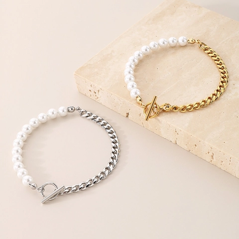 Gioielli Collana E Bracciale Asimmetrici Acciaio Inossidabile 316L Catena Cubana Perla Artificial Imitazione Moda Donna Chiusura Toggle OT