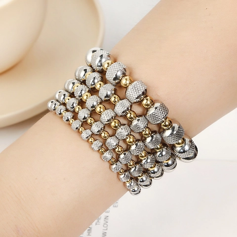 Stainless Steel Beaded Bracelet Two Tone Gold Silver Textured Elastic Waterproof Jewelry Gift For Couples Trendy