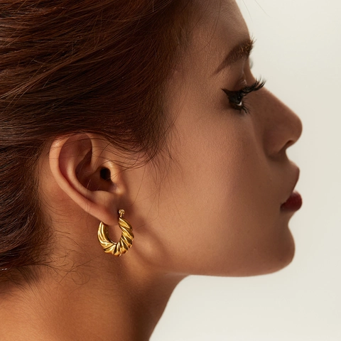 Croissant Hoop Earrings 316 Stainless Steel 18K Gold Plated Twisted Chunky Geometric French Retro Style Jewelry For Women