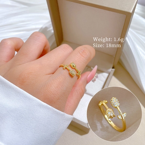 Bague Ouverte Fleur Tulipe Laiton Plaqué Or Zircone Cubique Bijoux Floraux Ajustables Pour Femmes Cadeau Minimaliste