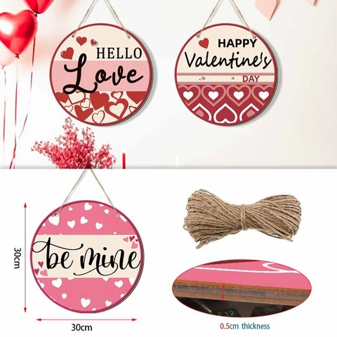 Valentine's Day Wooden Hanging Sign Round Heart Pattern Door Decoration With Jute Rope Pink Red Home Wall Ornament