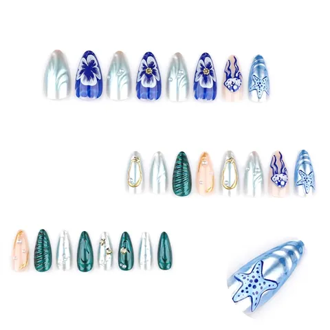 3D Ocean Theme Press On Nails Almond Shape False Nails With Faux Artificial Pearls Starfish Shell Relief Jellyfish Art For Women