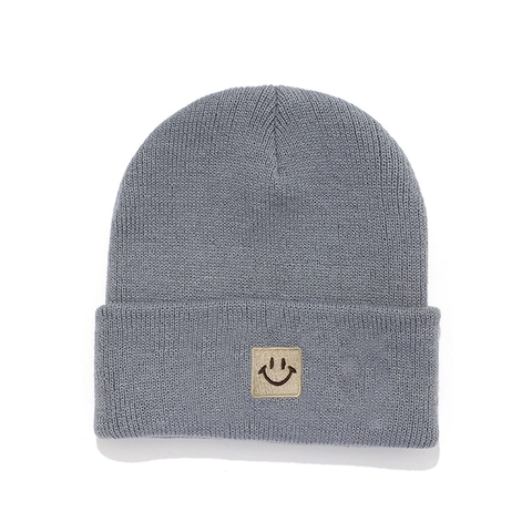 Smiley Face Knitted Beanie Winter Hat Warm Windproof Cotton Blend For Kids Toddlers Solid Color