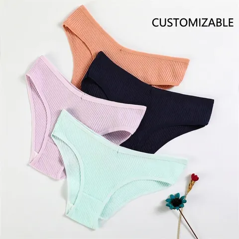 Women Panties Ribbed Cotton Low Waist Breathable Solid Color Soft Stretchy Underwear Briefs