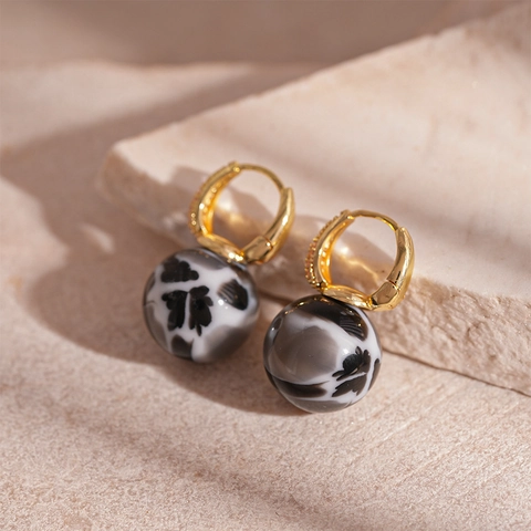 Vintage Marmeren Hars Bal Hangoorbellen Met Goud Koper Zirkoon Ring En Zilveren Oorsteker Voor Dames Sieraden