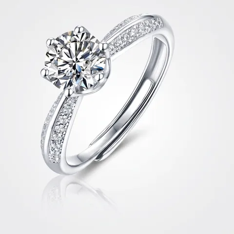 Moissanite Ring For Women 925 Sterling Silver Adjustable Band Round Brilliant Cut Six-Prong Crown Setting Inlaid Jewelry
