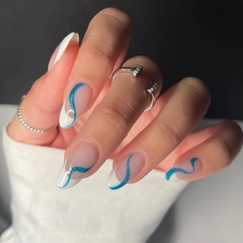 Faux Ongles À Presser French Manucure Blanc Forme Amande Paillettes Bleues Vagues Nude Kit Manucure DIY Avec Colle Et Lime