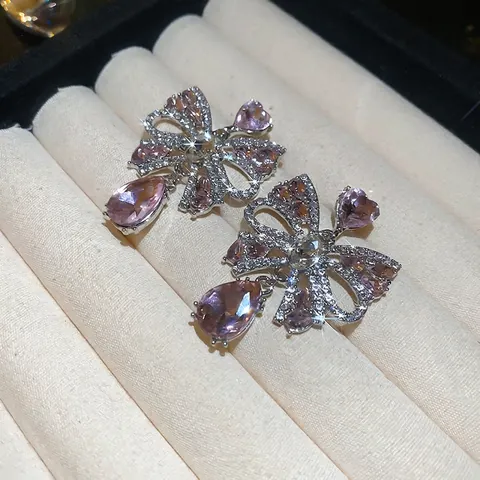 Pendientes Colgantes Con Lazo Gota De Agua Aleación Cristal Rosa Diamantes De Imitación Poste De Plata Chic Lujo