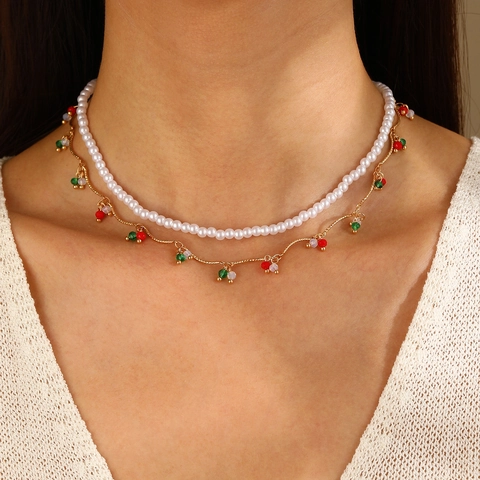 Mode Collier de Perles Artificielles Multicouches pour Femmes Alliage Or Strass Mauvais Œil Pendentif Cœur Gland Bijoux
