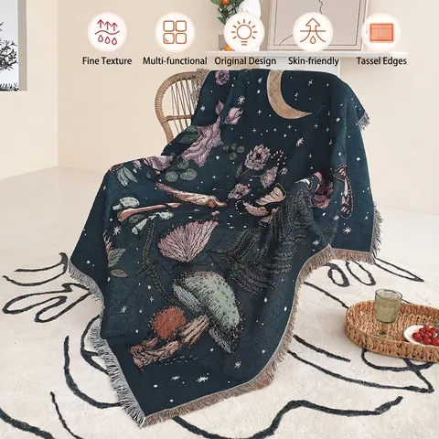 Mushroom Moon Woven Throw Blanket Fringed Cotton Blend Bohemian Retro Forest Sofa Cover Camping Picnic Decorative Tapestry