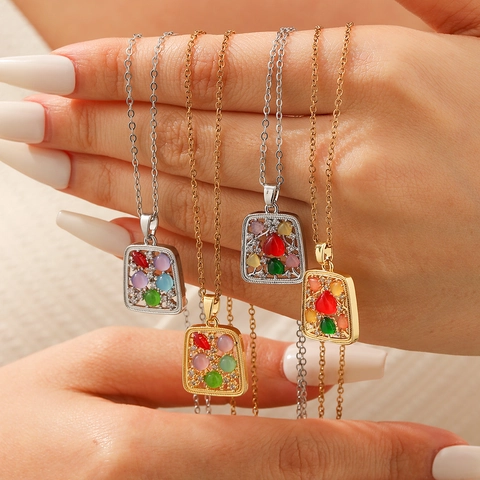 Vintage Edelstahl Halskette Mit Bunten Synthetischen Stein Kupfer Anhänger Herz Quadrat Hohl Design Für Damen