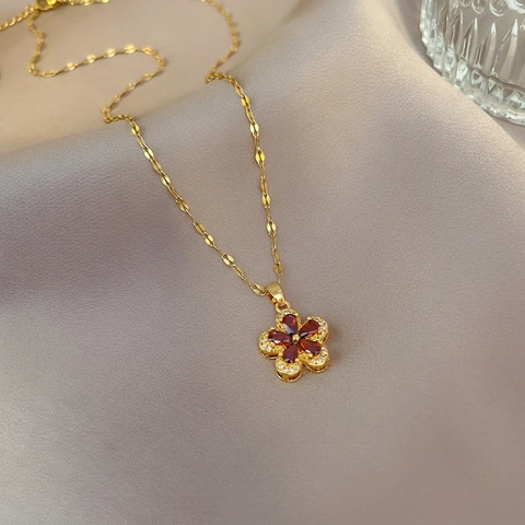 Collana Con Ciondolo A Fiore Zircone Rosso Granato Catena In Acciaio Inossidabile Gioielli Eleganti Lusso Donne Placcati In Oro