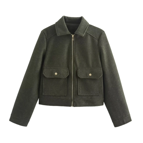 Women Short Jacket Woolen Fabric Zipper Up Lapel Collar Casual Loose Fit Outerwear With Pockets For Spring Winter