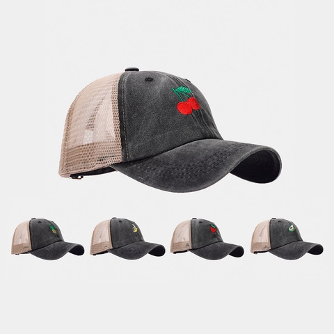 Fruit Borduursel Trucker Pet Gewassen Katoen Mesh Ademend Baseballpet Vintage Verstelbaar Outdoor Zonnehoed Uniseks